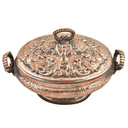 Engraved Kashmiri Copper Rice Bowl With Lid And Handles