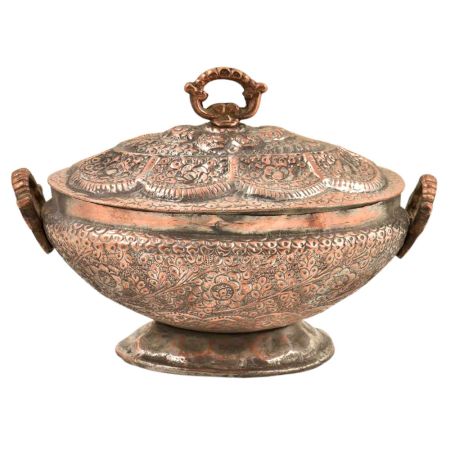 Engraved Floral Design Kashmiri Copper Rice Bowl With Lid And Handles