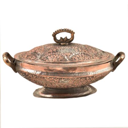 Vintage Floral Design Kashmiri Copper Rice Bowl With Lid And Handles