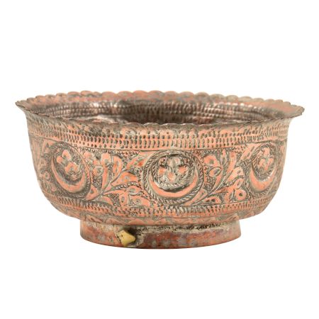 Vintage Floral Pattern Copper Bowl Engraved Scalloped Edge