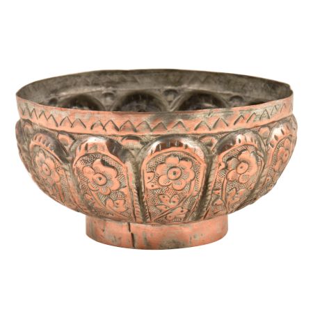 Embossed  Floral Leafy Pattern Pedestal Copper Bowl
