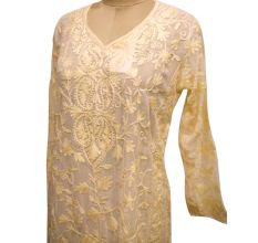 Cream Designer Dress Fabric Georgette With Heavy Embroidery Matching Dupatta