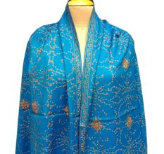 Handmade Blue Semi Pashmina Jaal Design Needle Work Shawl
