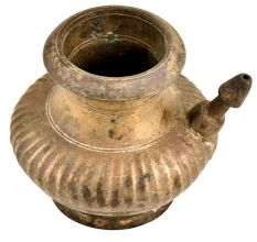 Brass Ribbed Bulbous Form Holy Water Pot With Spout