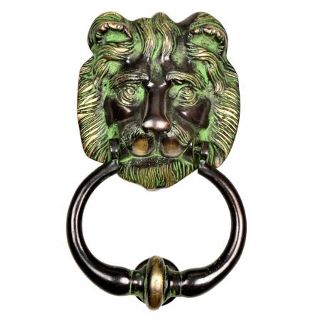 Hand Crafted Brass Lion Head Door Knocker Ring With Patina