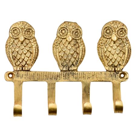Handmade Brass Wise Owl Wall Hanger With 4 Hooks