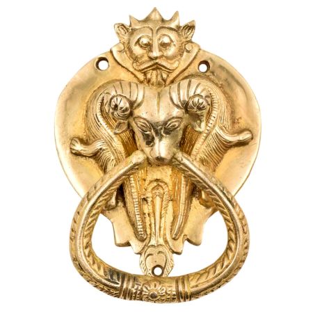Hand Crated Brass Ram Head Chinese Demon On Top Solid Brass Metal Door Knocker