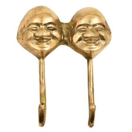 2 Brass Face Head Art Laughing Buddha Wall Sculpture