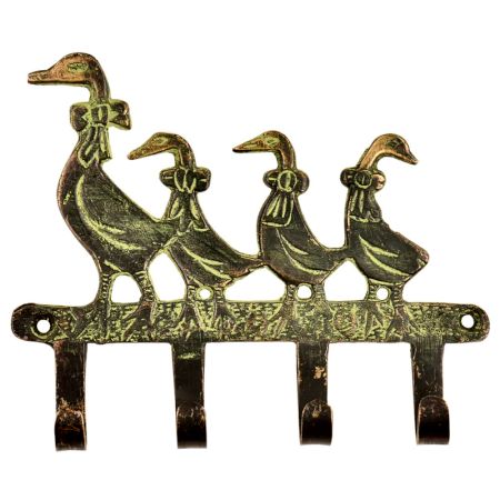 Brass Mother and Baby Geese Wall Hook Key Holder With Green Patina