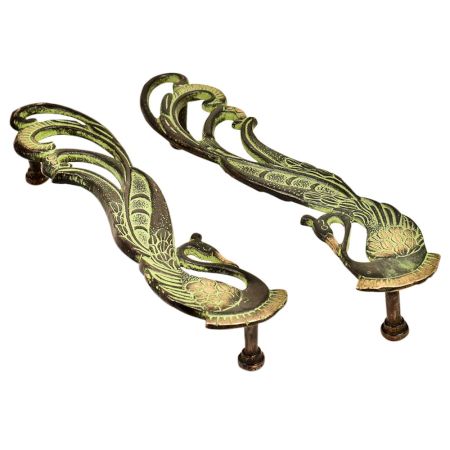 Brass Indian Peacock Door Handles With Green Patina