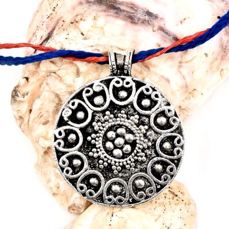 Round Silver Aluminum  Metal Pendant Necklace With Tribal Style Inlay Work