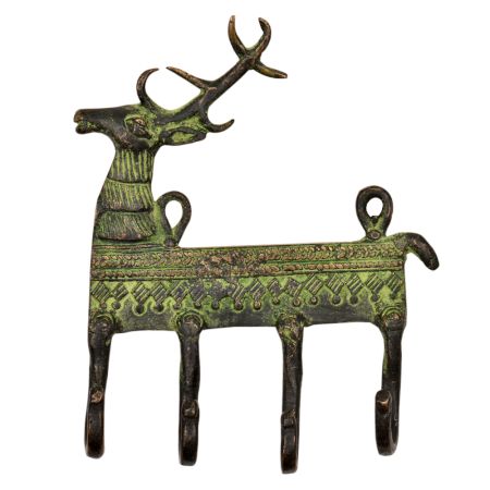 Brass 4 Hooks Deer with a Small Tail And Tribal Engraved Design