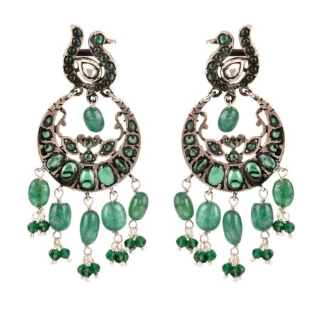 925 Sterling Silver Earrings Ethnic Green Stones Dangle Earrings