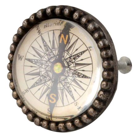 Vintage Compass Inside Round Iron Glass Dresser Knob