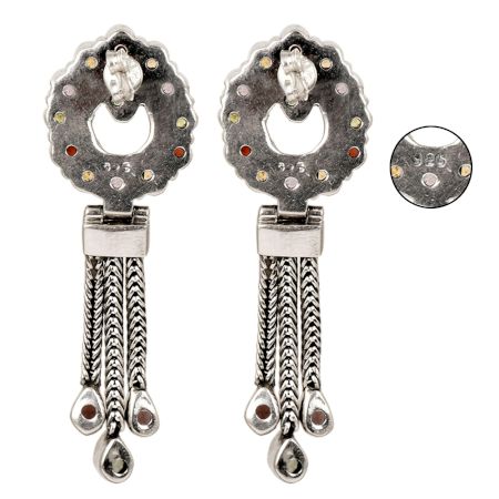 Sterling Silver Tassel Drop Earrings With Colored Stones