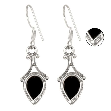 92.5 Sterling Silver Earrings Onyx Teardrop Drop Ethnic Earrings