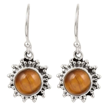 92.5 Sterling Silver Earrrings Round Tiger Eye Hanging Earrings