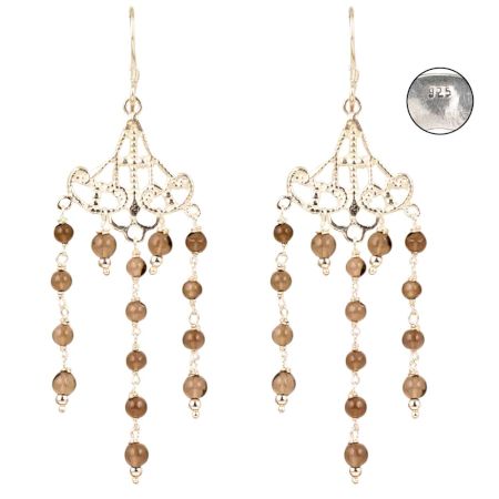 92.5 Sterling Silver Earring Tiny Round Smoky Brown Quartz Beads Chandeliers