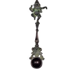 Brass Dancing Ganesha Havan Spoon With Peacocks With Green Finish