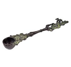 Brass Krishna Havan Spoon With Flute And Peacocks With Green Finish