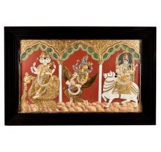 68 Inch Tanjore Painting Trimurti Brahma Vishnu Mahesh With Vahanas Consort Tridevi Sarasawat Durga And Laxmi