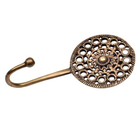 Golden Brass Wall Hook Round Floral In Engraved Tribal Style
