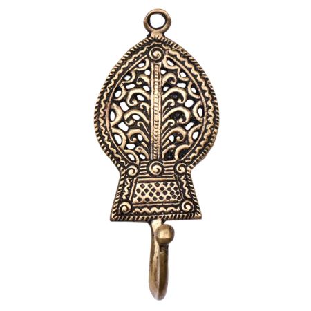 Golden Tribal Wall Hook Engraved Border Leaf Design With Patina