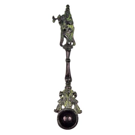 Brass Krishna Havan Spoon With Flute And Peacocks With Green Finish