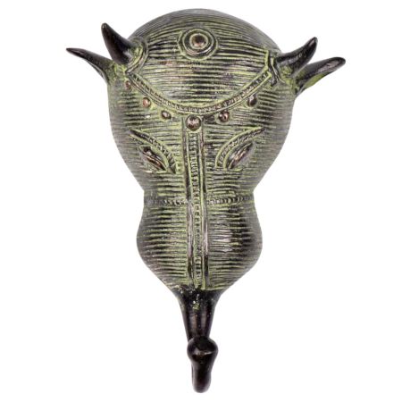 Handmade Brass Tribal Bull Face Wall Hook  With Green Finish
