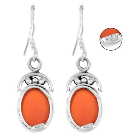 92.5 Sterling Silver Earrings Red Carnelian Crown Design Drop Earring