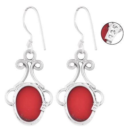 92.5 Sterling Silver Earrings Red Coral Hoop Earrings