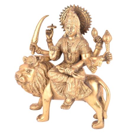 Brass Goddess Durga Statue Sitting On Tiger