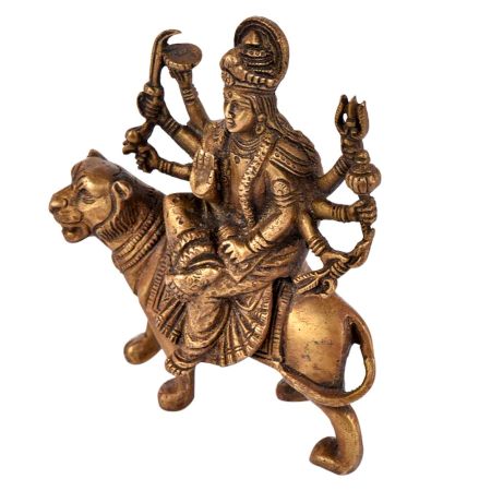 Brass Durga Statue Seated on Her Vehicle Lion Hindu Worship Statue
