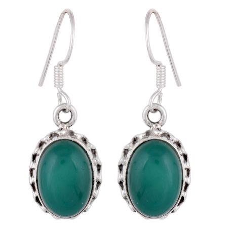 92.5 Sterling Silver Earring Handmade Oval Shaped Green Agate Hook Earrings
