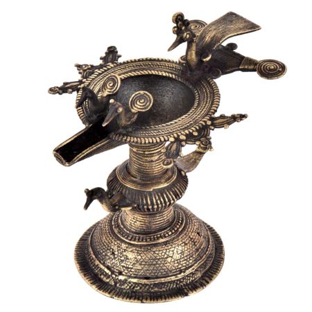 Handcrafted Ritual Brass Oil Lamp Diya StandÂ With Several  Peacock Figurines