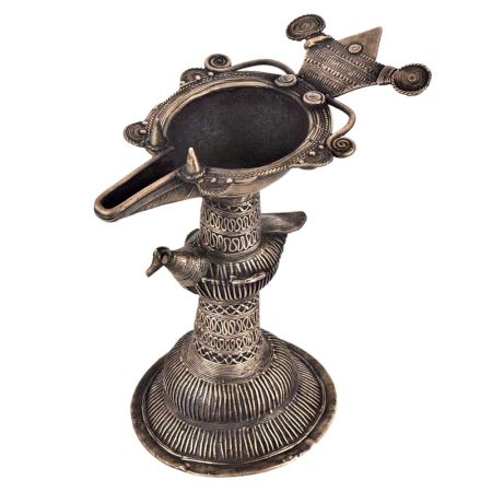 Dhokra Brass Oil Lamp With Stand Tribal Peacock Carving