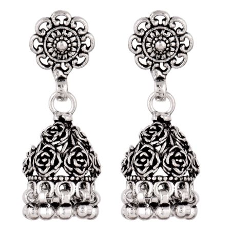 92.5 Solid Sterling Silver Earring Oxidize Rose Flower Design Jhumka Earring