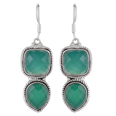 Sterling Silver Earrings Twin Green Onyx in Square And Teardrop Dangler Earrings