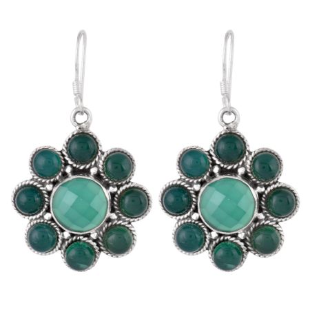 92.5 Sterling Silver Earrings Green Aventurine and Onyx Flower Earrings