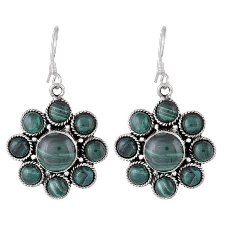 92.5 Sterling Silver Green Malachite Flower Design Earrings For women