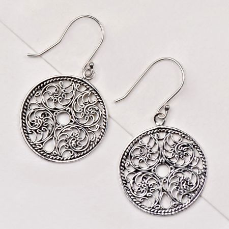 92.5 Sterling Silver Earrings Filigree Drop Round Hoop Cut Out Disc