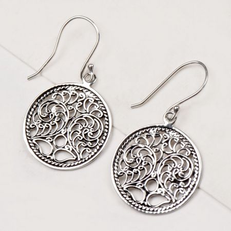 92.5 Sterling Silver Earrings Scrolled Engraved Circle Drop Earrings