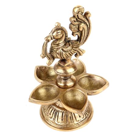 Brass Oil Lamp with Engraved Peacock Design