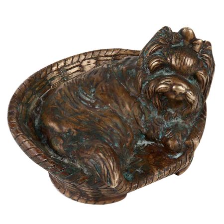 Brass Yorkshire Terrier Dog Sitting In A Basket Statue