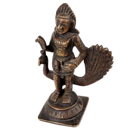 Brass Statue Of Hindu God Kartikeya Murugan With Peacock