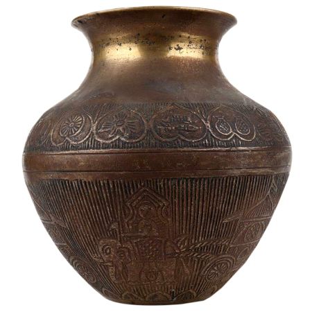 Engraved Brass Water Pot With King Riding An Elephant Chariot