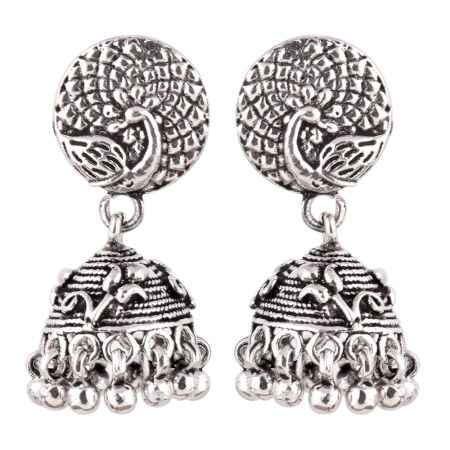 92.5 Sterling Silver Earrings Intricate Carved Peacock Stud Jhumkis