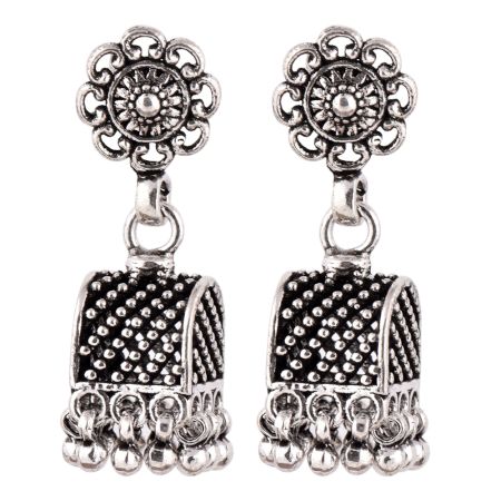92.5 Sterling Silver Earrings Semi Circle Black Embossed Dotted Jhumki