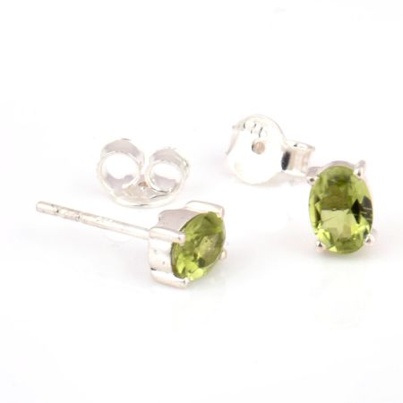 92.5 Silver Sterling Earrings Green Chyrsolite Cut Stone Stud Earrings