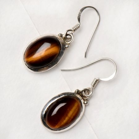 Simple 92.5 Sterling Silver Tiger Eye Earrings Oval Shape For Everyday Wear
